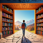 **

Prompt: A person stepping out of a brightly lit doorway (representing a comfort zone) into a vast, colorful landscape filled with mountains of books, winding paths symbolizing learning journeys, and futuristic elements suggesting technological advancements. The overall mood is one of excitement and curiosity. Include elements that represent Germany, such as the Brandenburg Gate subtly in the background.

**