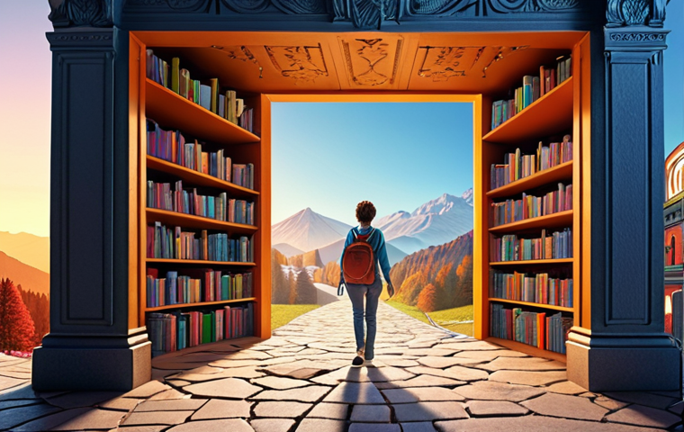**

Prompt: A person stepping out of a brightly lit doorway (representing a comfort zone) into a vast, colorful landscape filled with mountains of books, winding paths symbolizing learning journeys, and futuristic elements suggesting technological advancements. The overall mood is one of excitement and curiosity. Include elements that represent Germany, such as the Brandenburg Gate subtly in the background.

**