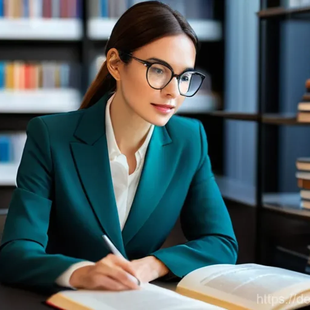 지식 경계 확장을 위한 사례 연구 분석 - **Prompt:** A highly intelligent and focused female professional, in her mid-30s, is seated at a sle...