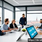 기술적 변화에 대한 적극적인 대응 방법 - A modern office scene in Germany showing a diverse group of professionals engaged in a collaborative...