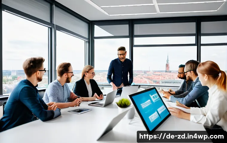 기술적 변화에 대한 적극적인 대응 방법 - A modern office scene in Germany showing a diverse group of professionals engaged in a collaborative...