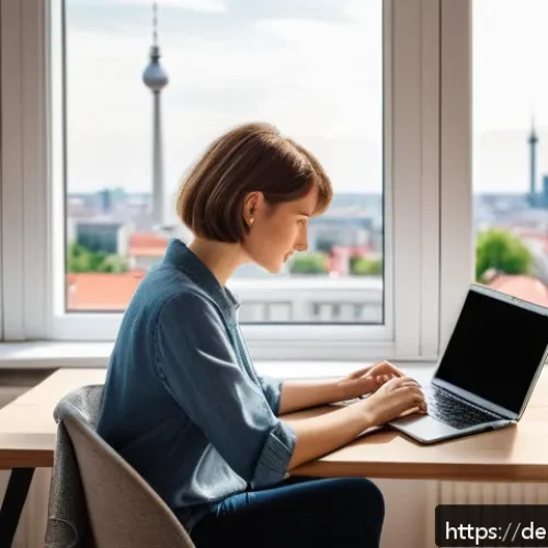 지식 경계를 넓히기 위한 온라인 강좌 추천 - A modern home office scene in a bright, cozy apartment in Berlin, featuring a young professional wom...