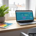 지식 확장을 위한 패턴 인식 훈련 - A detailed digital illustration of a modern study desk in a cozy German home office setting, featuri...