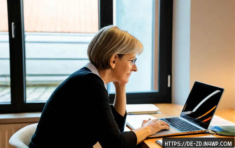 Home 17 지식 경계 확장을 위한 온라인 포럼 참여 - Photorealistic home-office scene in Germany, a thoughtful middle-aged woman in casual smart clothing...